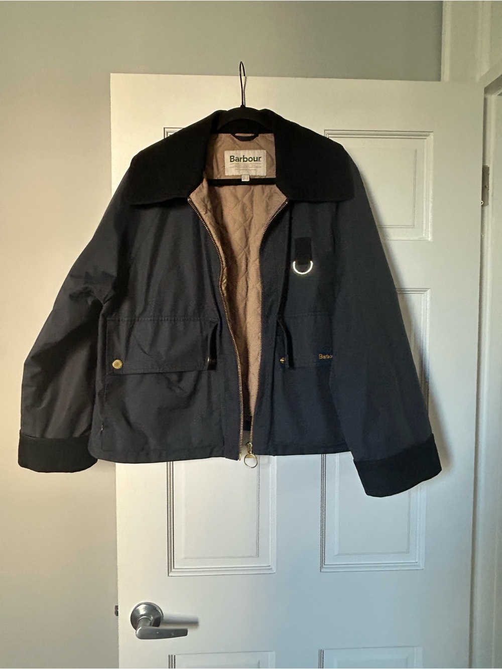 Barbour Nora Jacket Cropped Navy Field Jacket with Oversized Collar